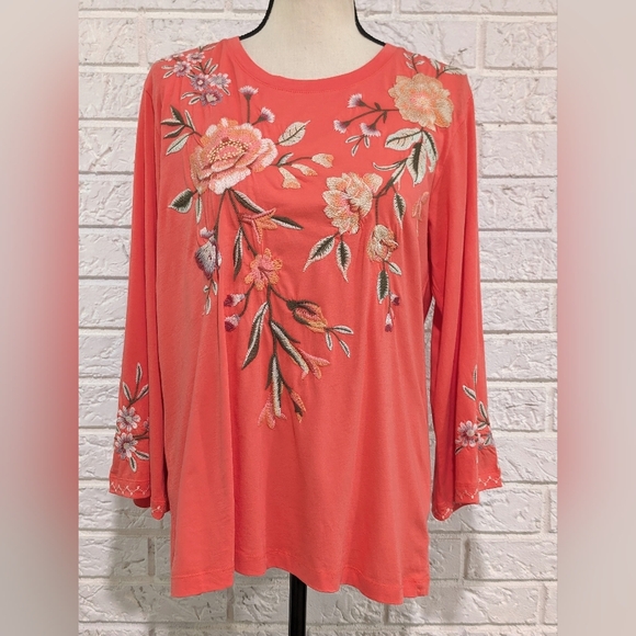 Johnny Was Tops - NWT Johnny Was Vienna Kimono Sleeve Tee Pink Guava Floral Embroidery Top Sz Med